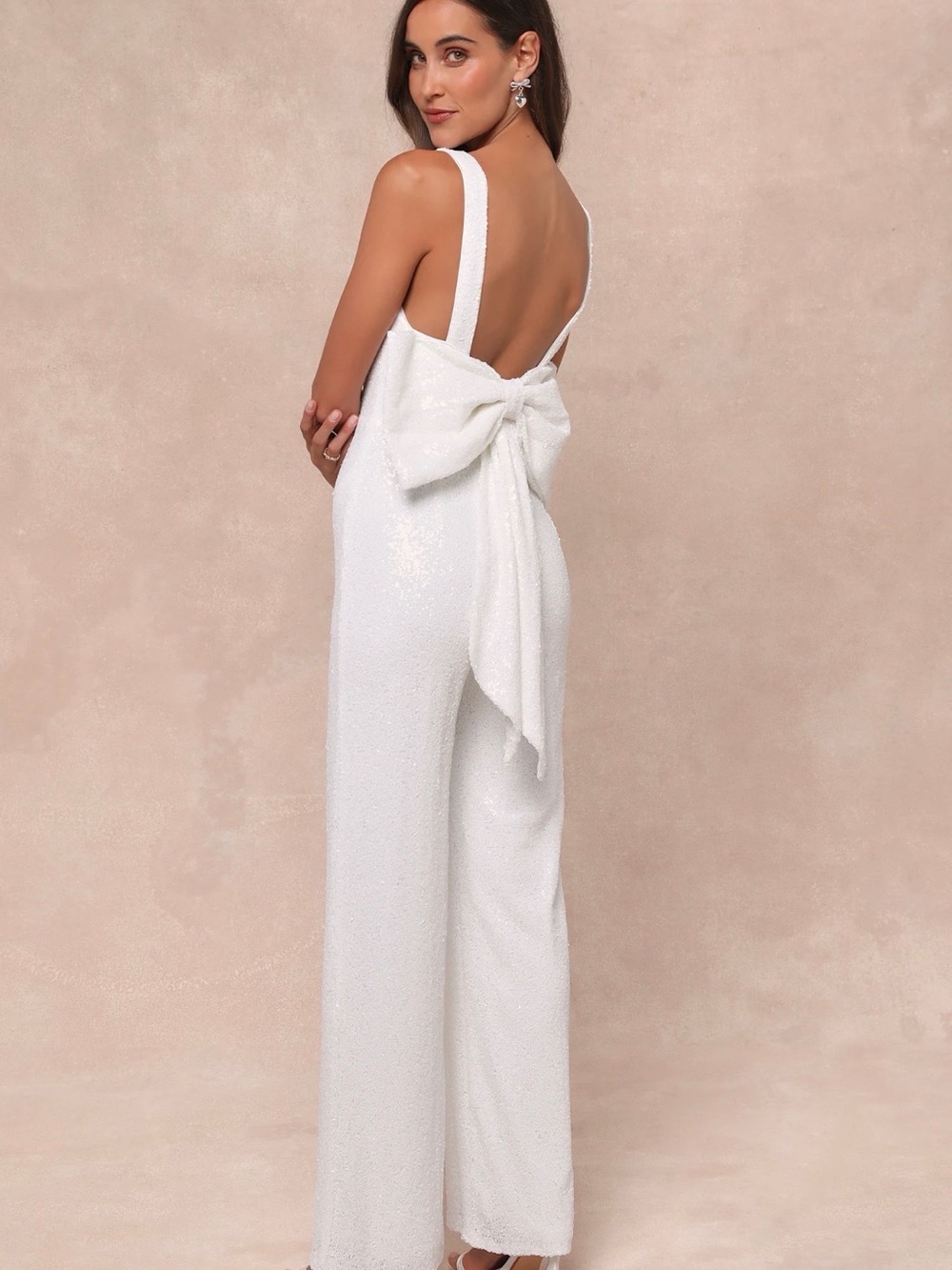 Lulus Feeling Sparkly White Sequin Bow Wide-Leg Jumpsuit